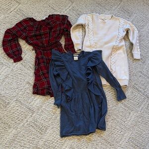 Kids Red Plaid, Cream Knit, and Blue Ruffle Dresses - 10